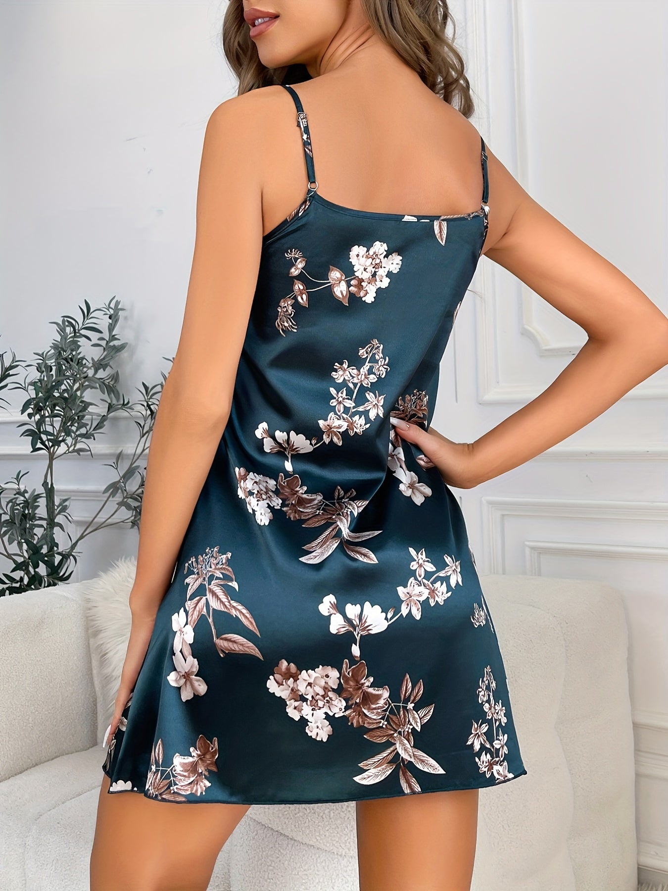 Exquisite Floral Print Nightdress - Ultra-Comfortable Sleep Dress with Sophisticated Crew Neck and Delicate Spaghetti Strap - Perfect for Womens Sleepwear, Loungewear, and Casual Day Dresses