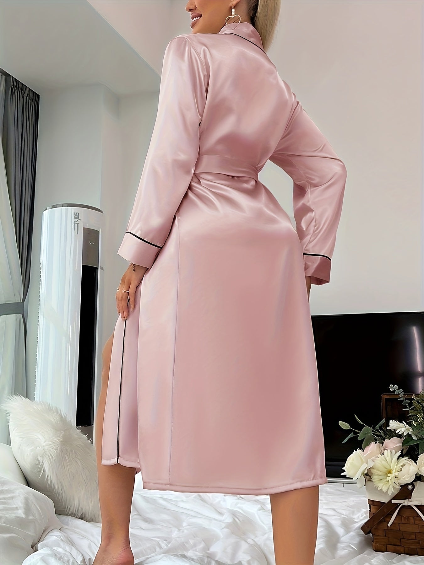 Luxurious Satin Night Robe - Women's Sleepwear & Dresses for Fall and Winter - Three Quarter Sleeve V Neck Design with Belt, Soft and Cozy Casual Nightgown for Cold Weather