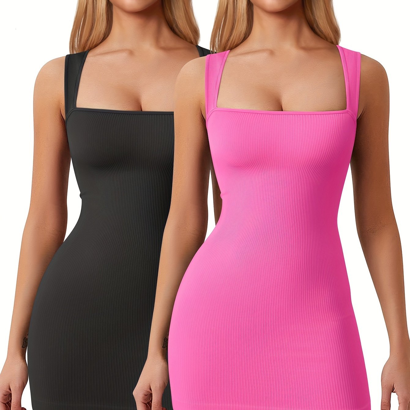 OQQ Women's 2 Piece Mini Dresses Sexy Ribbed Strappy Square Neck Tank Tops Mini Dress