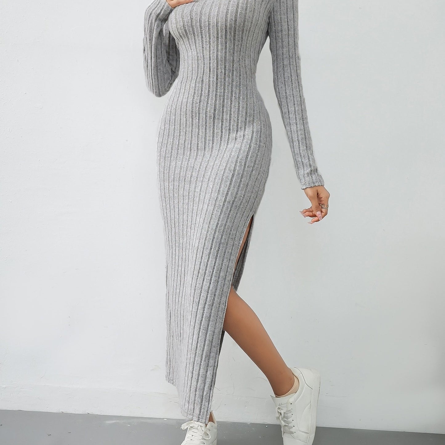 Stylish Solid Ribbed Split Dress - Elegant Women's Long Sleeve Crew Neck Dresses for Everyday Wear - Comfortable, Versatile, and Chic Clothing for Ladies