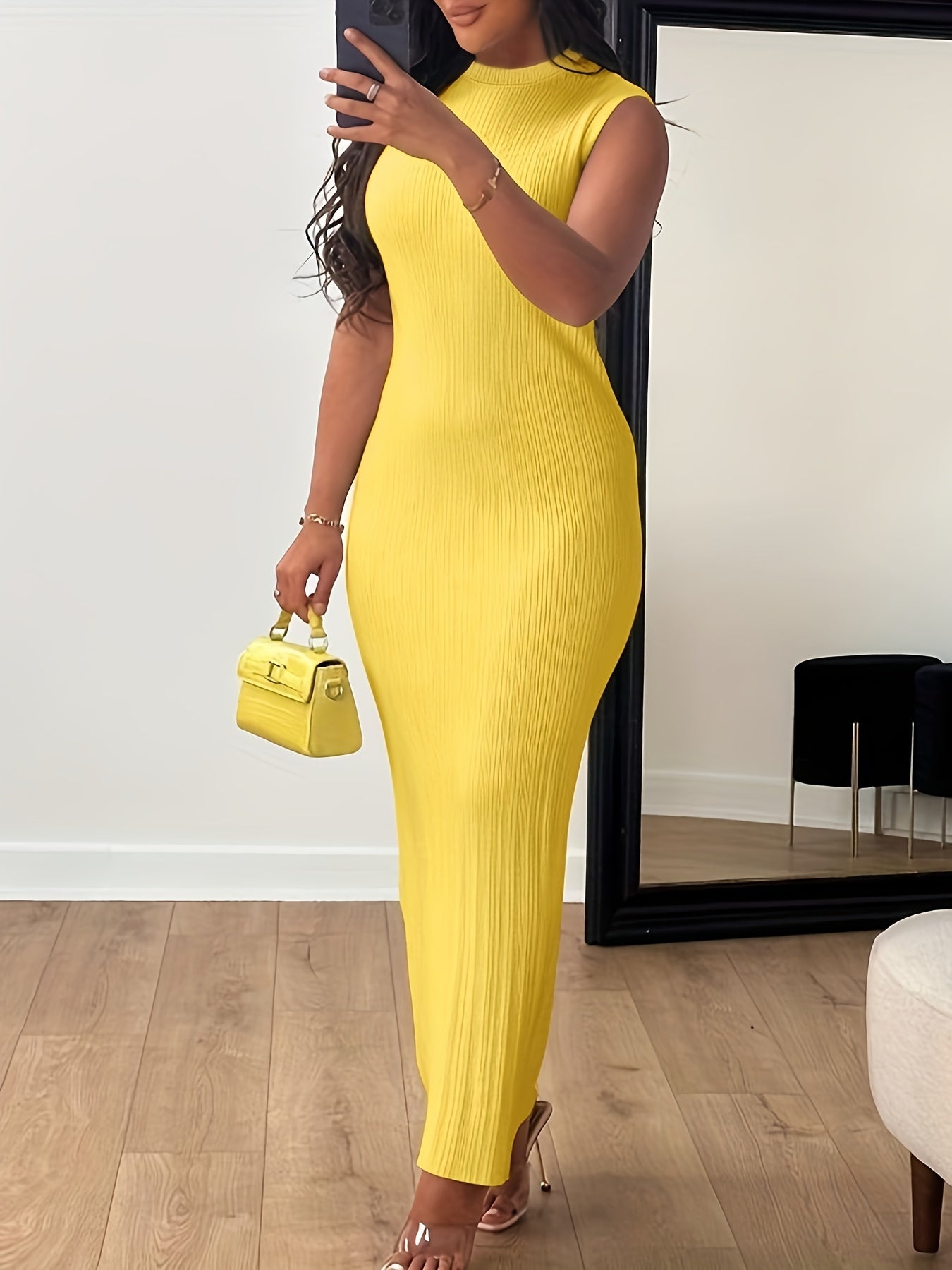 [Casual Dress] Summer Casual Sleeveless Dress | Women's High Elasticity Long Pencil Dress with Round Neck, H-Silhouette & Machine Washable Solid Black for Office, Parties, Casual Attire, Dresses for Work, Smooth Texture Fabri