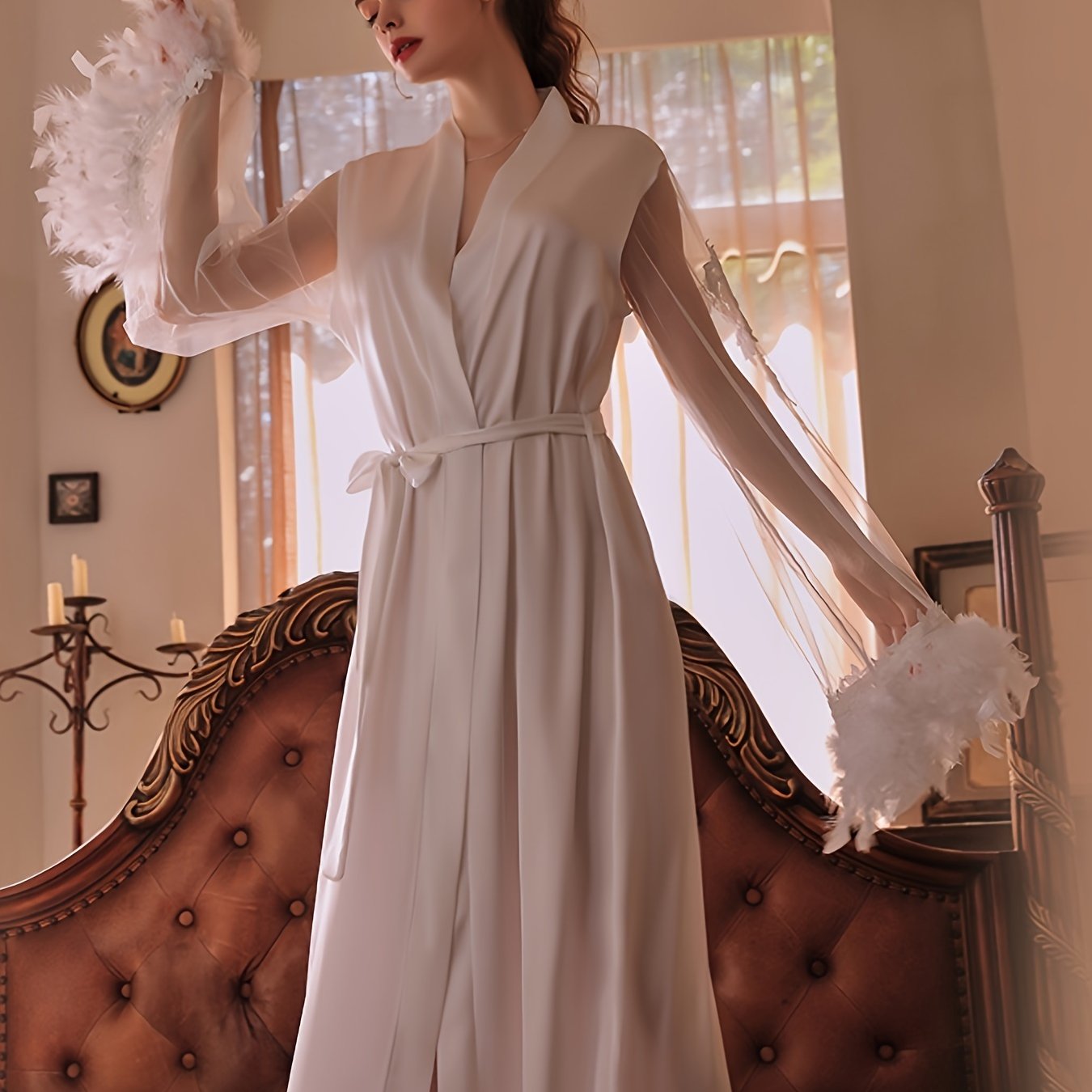 Luxurious Feather Pattern Long Sleeve V Neck Night Robe - Women's Sleepwear & Dresses - Elegant Solid Stitching Mesh Design, Belted Waist, Soft Comfortable Fabric for Relaxation