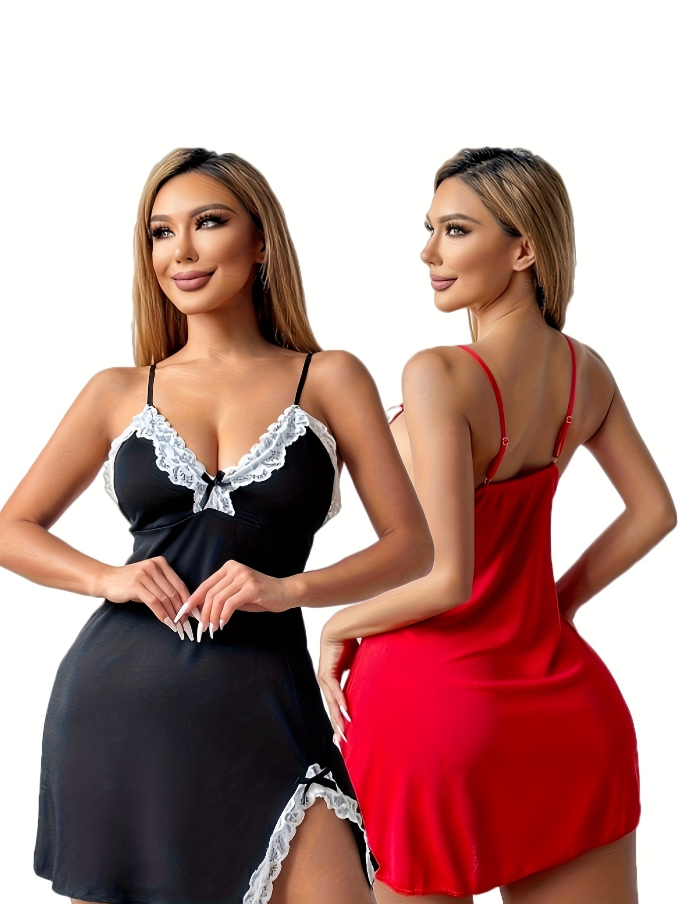2pcs Women'S Sexy Lace Trim Nightgown Set, V-Neck Spaghetti Strap Slip Dresses with Bow Detail, All-Season Polyester 95% Spandex 5% Woven Night Dresses, Solid Color Adult Sleepwear