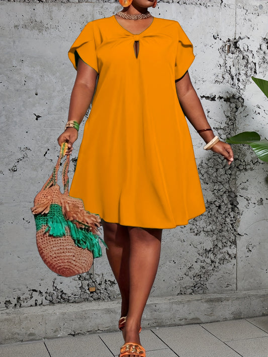 Stunning Plus Size Petal Sleeve Dress - Elegant Keyhole Knot Loose Fit Dresses for Spring & Summer - Women's Plus Size Clothing with Solid Color and Comfortable Wear