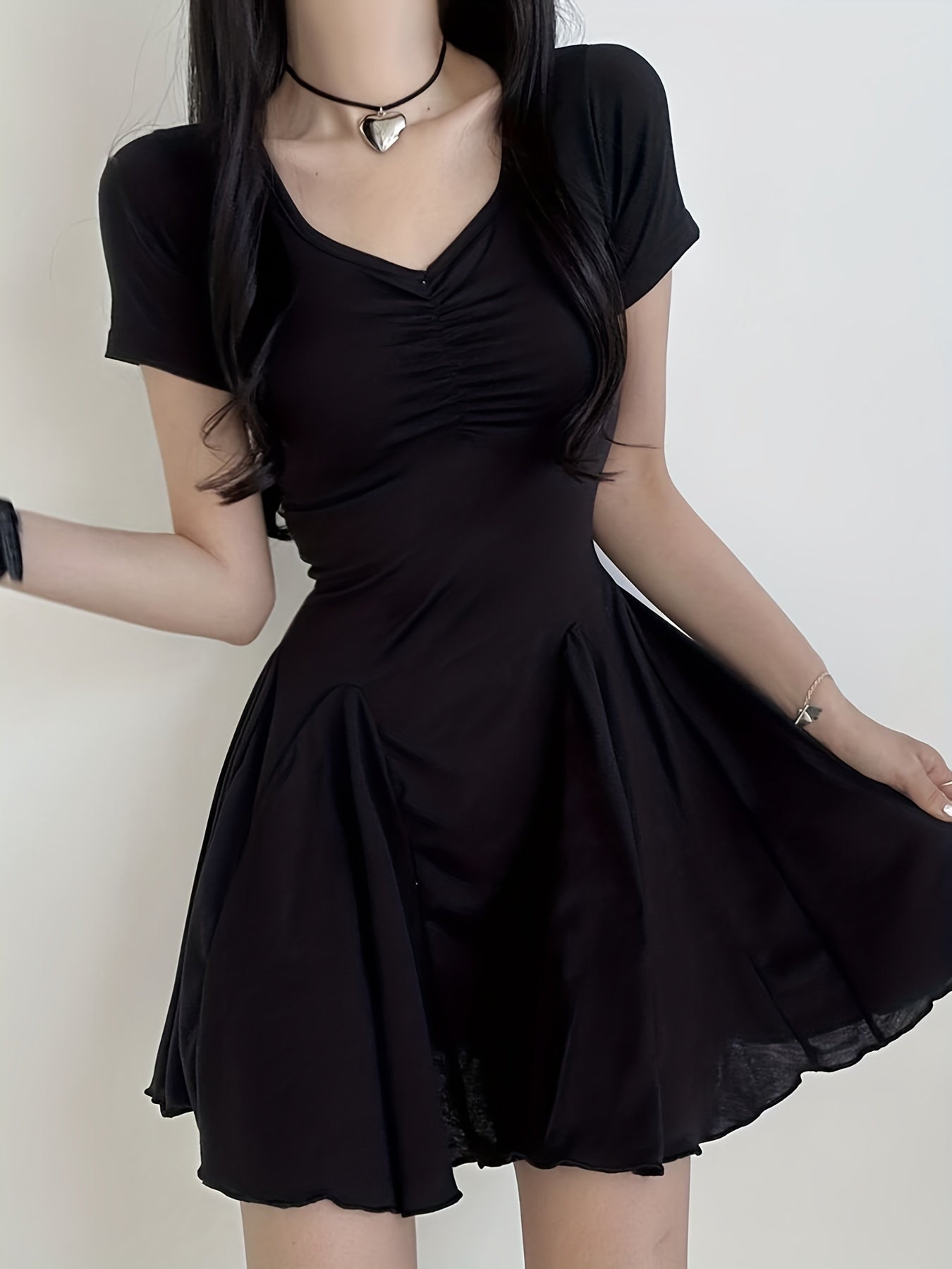 Trendy Ruched A-Line Dress - Women's Casual Summer Dresses with V Neck, Short Sleeves, and Comfy Fit - Perfect for Outdoor Activities and Daily Wear