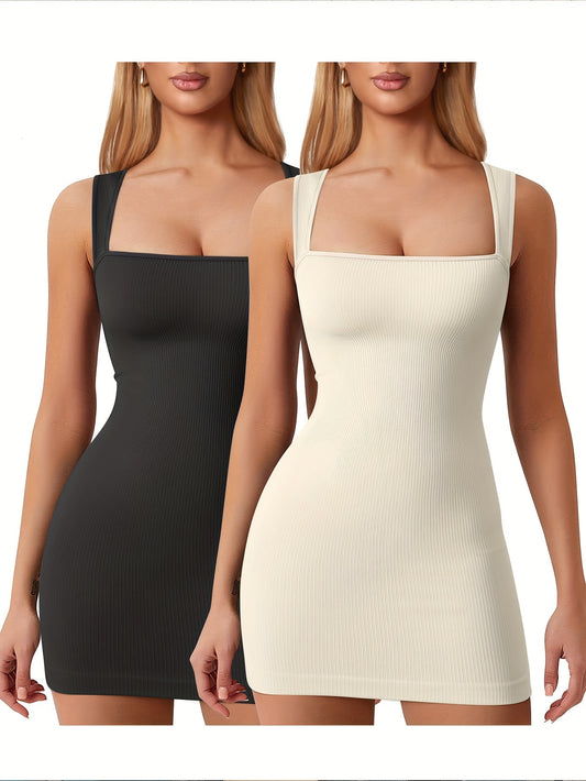 OQQ Women's 2 Piece Mini Dresses Sexy Ribbed Strappy Square Neck Tank Tops Mini Dress