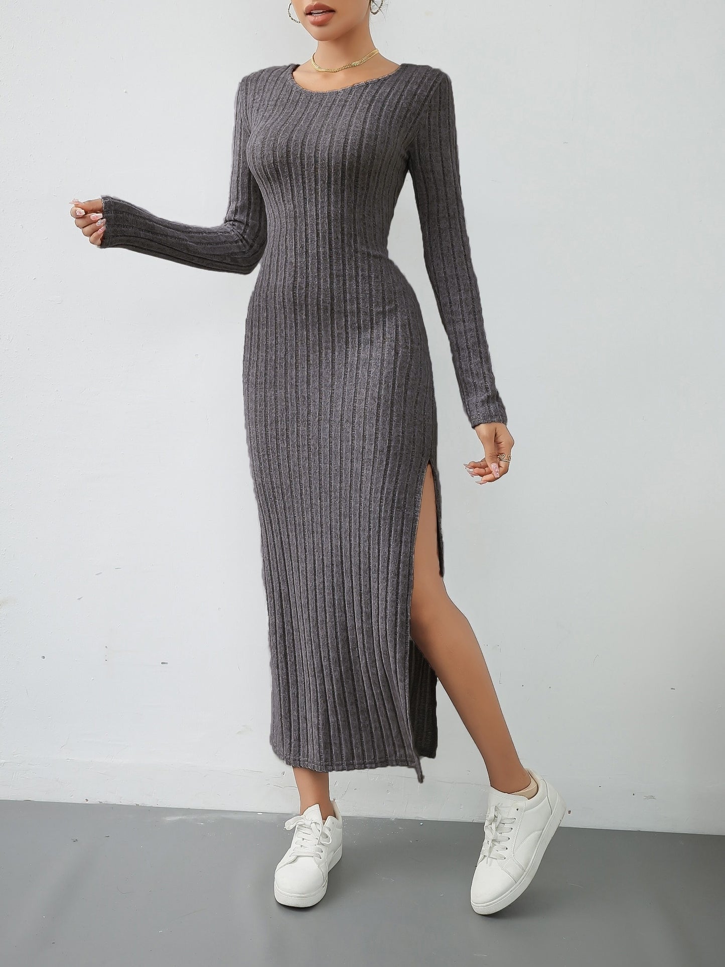 Stylish Solid Ribbed Split Dress - Elegant Women's Long Sleeve Crew Neck Dresses for Everyday Wear - Comfortable, Versatile, and Chic Clothing for Ladies